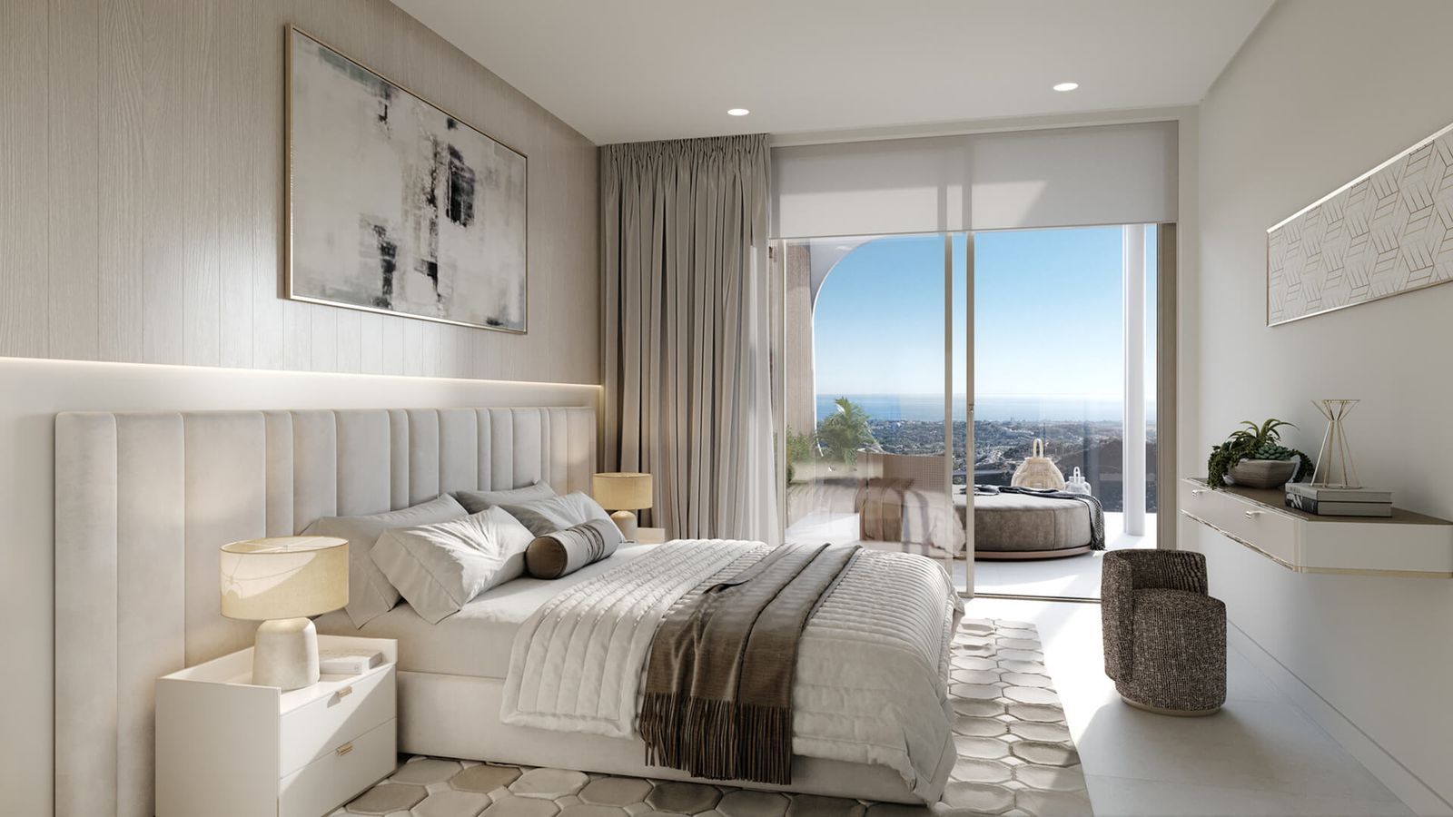 Stijlvolle slaapkamer met uitzicht op de oceaan