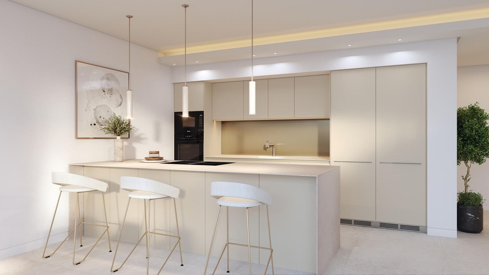 Moderne keuken met eiland en witte krukken.