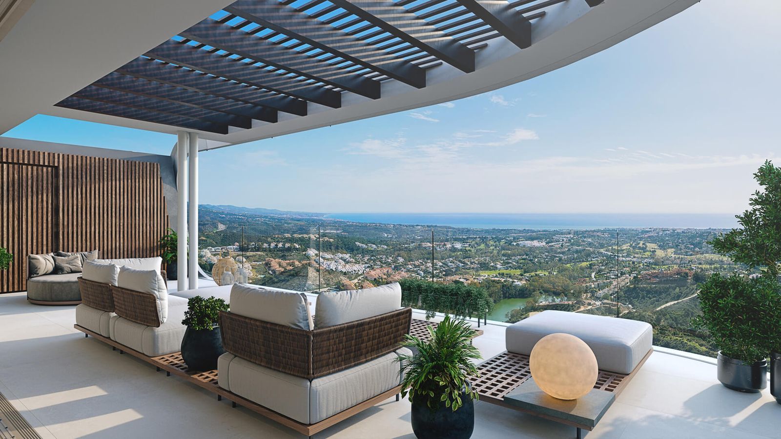 Luxe terras met panoramisch uitzicht op zee.